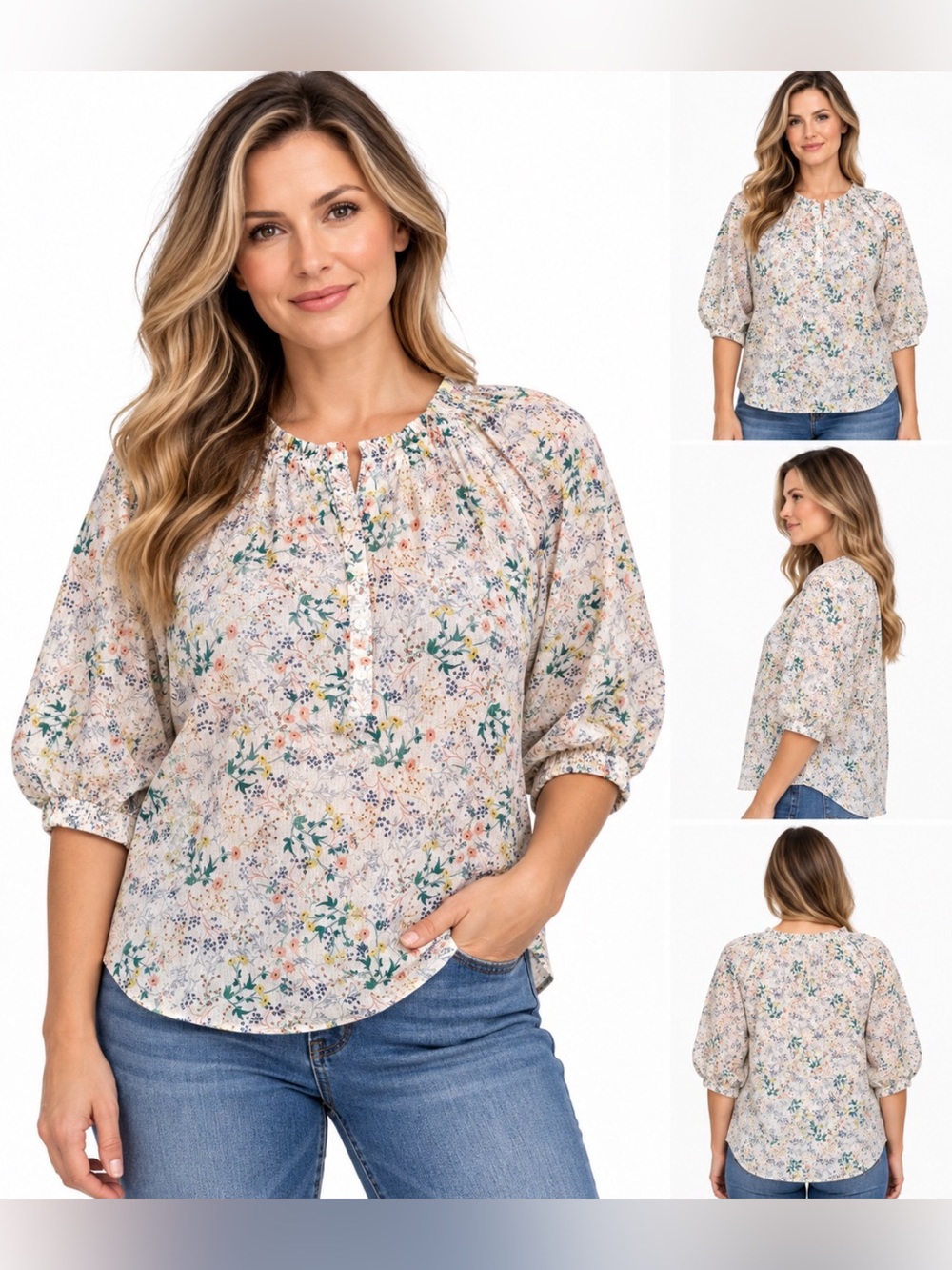 a.n.a Women’s Large Floral Blouse Metallic Thread Button Front Boho - Picture 2 of 10